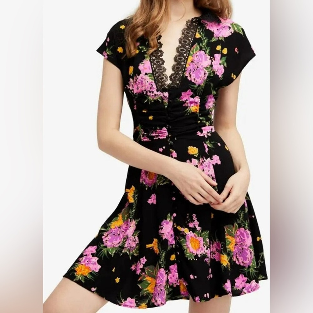Free People Black Maxi Dress with Pink Floral Design